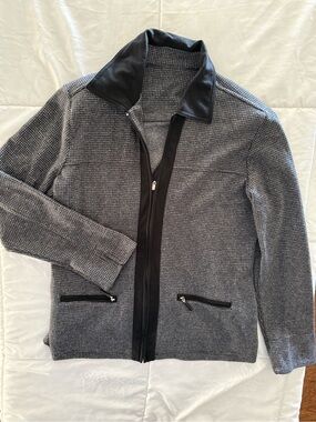 Women Grey Zip-Front Knit Sweater with Black Trim